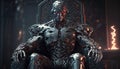 The King of Cyborg Artificial intelligence with throne and crown. Powerful of Kings. Robotic synthetic futuristic scifi.