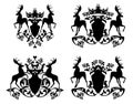 king deer stags and heraldic shield with royal crown and rose flowers black and white vector dsign set