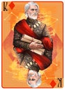 King of Diamonds playing card. Unique hand drawn pocker card. One of 52 cards in french card deck, English or Anglo-American