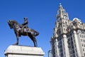 King Edward VII Monument and Royal Liver Building in Liverpool Royalty Free Stock Photo