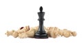 King among fallen chess pieces on white background