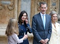 King felipe of spain and royal family gesture while leaving palma cathedral