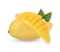 King Of Fruits, Mango Fruit And Sliced With Leaves Isolated On White Background