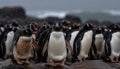 King and Gentoo penguins waddle on icy African coastline generated by AI