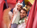 King, girl or dad with princess in a portrait, home fort or family castle with crown costume or fun parent. Play Royalty Free Stock Photo