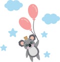 King koala flying with balloons on sky