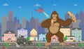 King kong in pixel-game layout design. Gorilla attacks humanity, holds pixel girl in hands