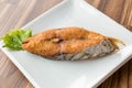 King mackerel fried, Indo-Pacific king mackerels, Spotted mackerels. fried Fillet of Mackerel Slide on the plate leaf.Tasty bake Royalty Free Stock Photo