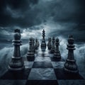 King and many other chess pieces and table in the ocean and sea and storm, high and low tide Royalty Free Stock Photo