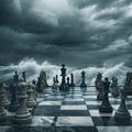 King and many other chess pieces and table in the ocean and sea and storm, high and low tide, waiting tide to pass Royalty Free Stock Photo