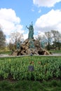 King Memorial Fountain surrounded by landscaped flower gardens, Washington Park Albany, New York, spring, 2021
