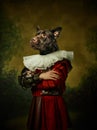 Model like medieval royalty person in vintage clothing headed by dog head on dark vintage background.