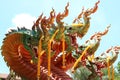 King of nagas or serpents, snake statues in Thai temples, sky background