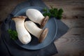 King oyster mushrooms, Pleurotus eryngii, on a blue plate and a dark rustic wooden table, copy space, high angle view from above