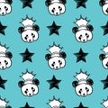 King panda cute face seamless pattern. Happy cute panda head repeat pattern with black star and blue background