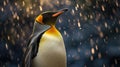 A king penguin gazes skyward as snow falls gently. In the background, other members of the penguin colony also enjoy the rare Royalty Free Stock Photo