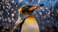 A king penguin gazes skyward as snow falls gently. In the background, other members of the penguin colony also enjoy the rare Royalty Free Stock Photo