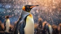 A king penguin gazes skyward as snow falls gently. In the background, other members of the penguin colony also enjoy the rare