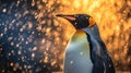 A king penguin gazes skyward as snow falls gently. In the background, other members of the penguin colony also enjoy the rare Royalty Free Stock Photo