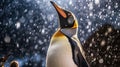 A king penguin gazes skyward as snow falls gently. In the background, other members of the penguin colony also enjoy the rare Royalty Free Stock Photo