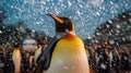 A king penguin gazes skyward as snow falls gently. In the background, other members of the penguin colony also enjoy the rare