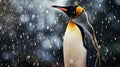 A king penguin gazes skyward as snow falls gently. In the background, other members of the penguin colony also enjoy the rare