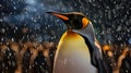 A king penguin gazes skyward as snow falls gently. In the background, other members of the penguin colony also enjoy the rare Royalty Free Stock Photo