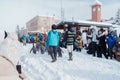 King Penguin parade walking on snow at Asahiyama Zoo in winter season. landmark and popular for tourists attractions. Asahikawa,