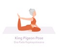 King Pigeon Yoga pose.Eka Pada Rajakapotasana. Elderly woman practicing yoga asana. Healthy lifestyle. Flat cartoon