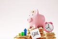 King of piggy bank on stack golden coins tower on rich background with savings money idea. Saving for the future of retirement. 3D