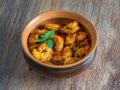 King Prawn Masala in a clay bowl. Traditional Indian cuisine