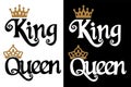 King and queen - couple design. Black text and gold crown isolated on white background. Royalty Free Stock Photo