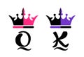 King Queen crown calligraphy sign.K and Q Alphabet Letter. Royalty Free Stock Photo