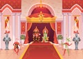 King and queen. interior medieval royal palace throne monarchy ceremony room, fantasy jesters and knights, fairy tale