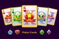 King, queen and jack Playing card suits with crown and ribbon. Cartoon Poker symbols for casino and GUI graphic.