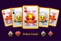 King, queen and jack Playing card suits with crown and ribbon. Poker symbols for casino and GUI graphic.