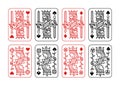 King and queen playing card vector illustration set of hearts, Spade, Diamond and Club in red and black color. Royalty Free Stock Photo