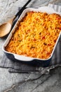 King Ranch Chicken Casserole with pulled chicken, corn tortillas, shredded cheese, peppers, and spicy green chiles close-up in a Royalty Free Stock Photo