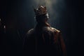 King in ritual attire and wearing a crown in dark room, created with Generative AI technology