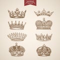 King royal crown icon set engraving lineart retro vintage vector