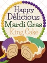 King`s Cake, Feathers and Colorful Necklace to Celebrate Mardi Gras, Vector Illustration