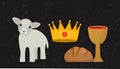 The king`s crown, a bowl of wine and bread, a lamb as a symbol of the sacrifice of Jesus Christ