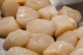 King scallop meat, fresh raw many pieces chilled, at the fish market Royalty Free Stock Photo