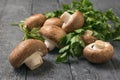 King size mushrooms on a black rustic table with parsley leaves. Vegetarian food. Royalty Free Stock Photo