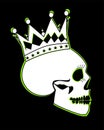 King skull with crown, side view, black and white and neon green color with black background.
