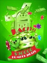 King slots 777 banner casino banner or flyer with slot machine, chips, playing cards, money on a green background.