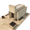 King Solomon`s temple Beit HaMikdash in hebrew name with large basin call Brazen Sea and bronze altar on white. 3D