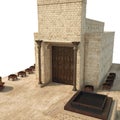 King Solomon`s temple with bronze pillars named Boaz and Jachin on white. 3D illustration