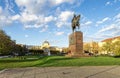 King Tomislav statue on a square with Art Pavilion building on a background, Zagreb, Croatia Royalty Free Stock Photo