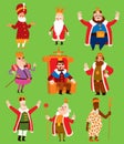 King vector illustration set. Fantasy royalty medieval cartoon monarch fun comic set. Fairytale prince costume kings Royalty Free Stock Photo